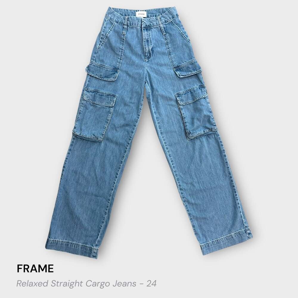 FRAME Relaxed Straight Cargo Utility Wide Leg Jeans Light Wash Lightweight